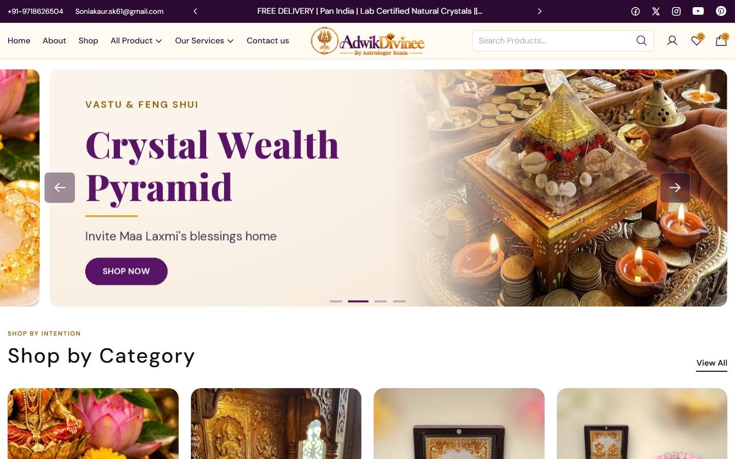 Adwik Divine crystal and astrology eCommerce website home page designed by WebKeyIndia